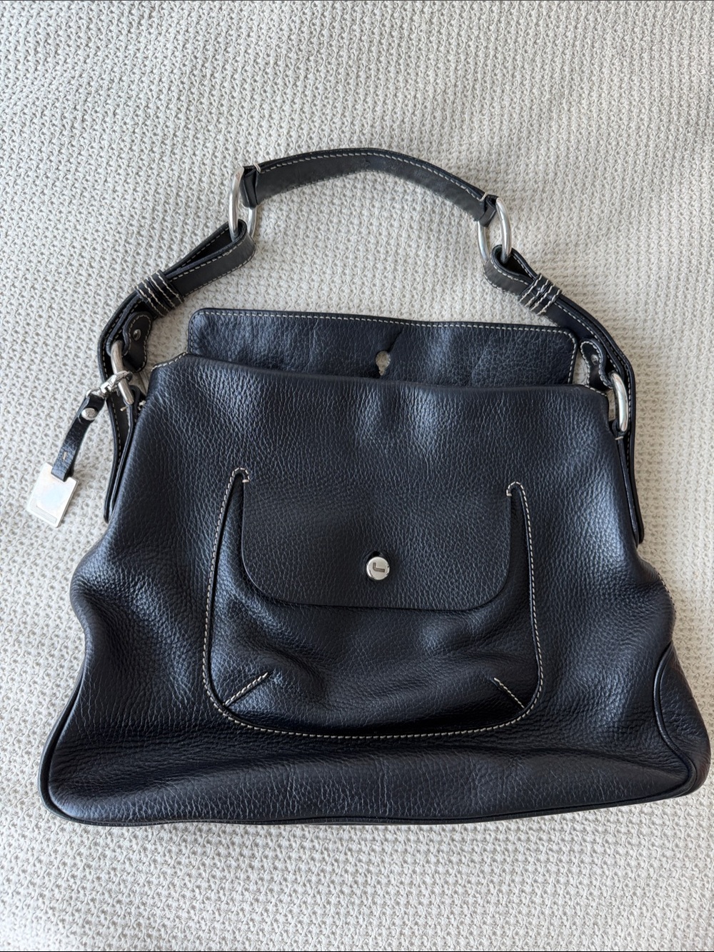 Lancel Black Pebble Leather Shoulder Bag with Front Pocket